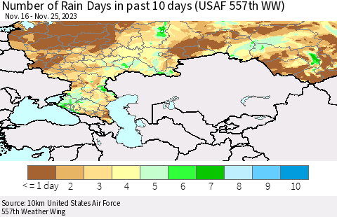 Russian Federation Number of Rain Days in past 10 days (USAF 557th WW) Thematic Map For 11/21/2023 - 11/25/2023