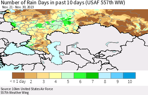 Russian Federation Number of Rain Days in past 10 days (USAF 557th WW) Thematic Map For 11/26/2023 - 11/30/2023