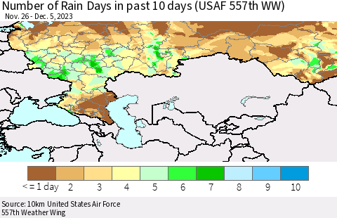 Russian Federation Number of Rain Days in past 10 days (USAF 557th WW) Thematic Map For 12/1/2023 - 12/5/2023