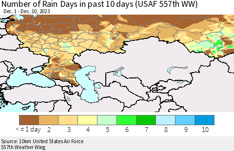 Russian Federation Number of Rain Days in past 10 days (USAF 557th WW) Thematic Map For 12/6/2023 - 12/10/2023