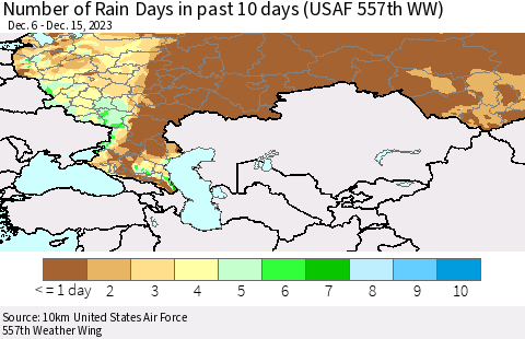 Russian Federation Number of Rain Days in past 10 days (USAF 557th WW) Thematic Map For 12/11/2023 - 12/15/2023