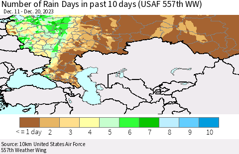 Russian Federation Number of Rain Days in past 10 days (USAF 557th WW) Thematic Map For 12/16/2023 - 12/20/2023