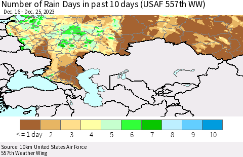 Russian Federation Number of Rain Days in past 10 days (USAF 557th WW) Thematic Map For 12/21/2023 - 12/25/2023