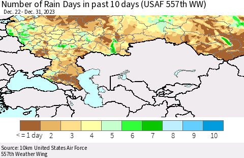Russian Federation Number of Rain Days in past 10 days (USAF 557th WW) Thematic Map For 12/26/2023 - 12/31/2023
