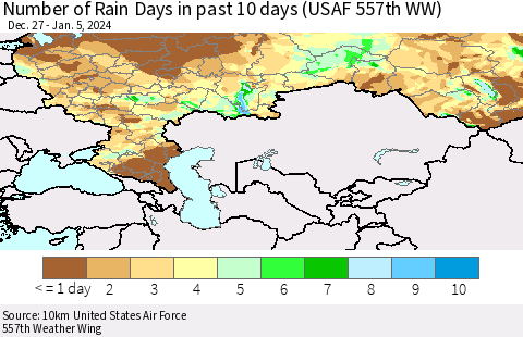 Russian Federation Number of Rain Days in past 10 days (USAF 557th WW) Thematic Map For 1/1/2024 - 1/5/2024