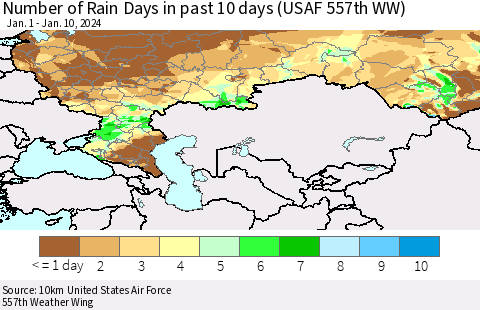 Russian Federation Number of Rain Days in past 10 days (USAF 557th WW) Thematic Map For 1/6/2024 - 1/10/2024