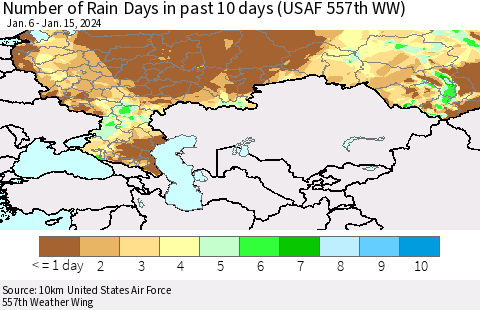 Russian Federation Number of Rain Days in past 10 days (USAF 557th WW) Thematic Map For 1/11/2024 - 1/15/2024
