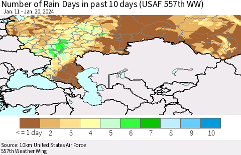 Russian Federation Number of Rain Days in past 10 days (USAF 557th WW) Thematic Map For 1/16/2024 - 1/20/2024