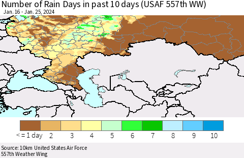 Russian Federation Number of Rain Days in past 10 days (USAF 557th WW) Thematic Map For 1/21/2024 - 1/25/2024