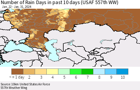 Russian Federation Number of Rain Days in past 10 days (USAF 557th WW) Thematic Map For 1/26/2024 - 1/31/2024