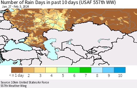 Russian Federation Number of Rain Days in past 10 days (USAF 557th WW) Thematic Map For 2/1/2024 - 2/5/2024