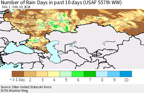 Russian Federation Number of Rain Days in past 10 days (USAF 557th WW) Thematic Map For 2/6/2024 - 2/10/2024