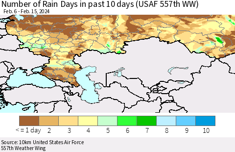 Russian Federation Number of Rain Days in past 10 days (USAF 557th WW) Thematic Map For 2/11/2024 - 2/15/2024
