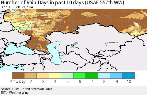 Russian Federation Number of Rain Days in past 10 days (USAF 557th WW) Thematic Map For 2/16/2024 - 2/20/2024