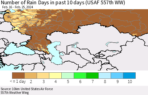 Russian Federation Number of Rain Days in past 10 days (USAF 557th WW) Thematic Map For 2/21/2024 - 2/25/2024