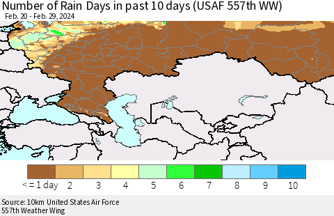 Russian Federation Number of Rain Days in past 10 days (USAF 557th WW) Thematic Map For 2/26/2024 - 2/29/2024