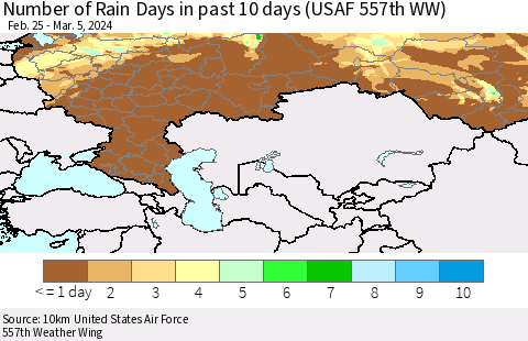 Russian Federation Number of Rain Days in past 10 days (USAF 557th WW) Thematic Map For 3/1/2024 - 3/5/2024