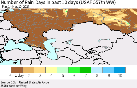 Russian Federation Number of Rain Days in past 10 days (USAF 557th WW) Thematic Map For 3/6/2024 - 3/10/2024