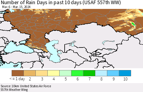 Russian Federation Number of Rain Days in past 10 days (USAF 557th WW) Thematic Map For 3/11/2024 - 3/15/2024