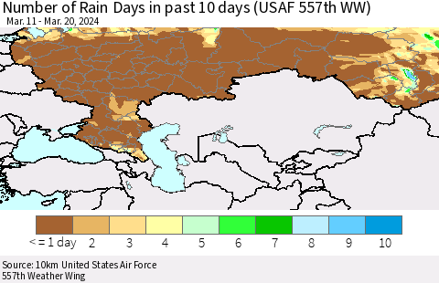 Russian Federation Number of Rain Days in past 10 days (USAF 557th WW) Thematic Map For 3/16/2024 - 3/20/2024