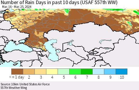 Russian Federation Number of Rain Days in past 10 days (USAF 557th WW) Thematic Map For 3/21/2024 - 3/25/2024
