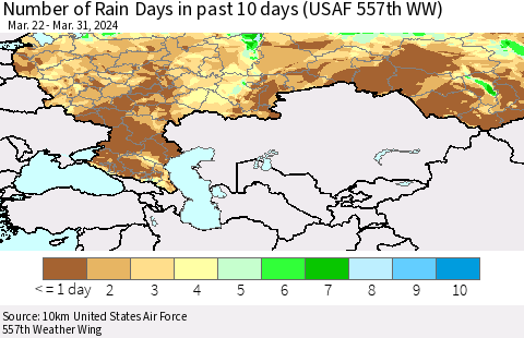Russian Federation Number of Rain Days in past 10 days (USAF 557th WW) Thematic Map For 3/26/2024 - 3/31/2024