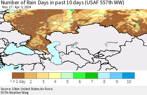Russian Federation Number of Rain Days in past 10 days (USAF 557th WW) Thematic Map For 4/1/2024 - 4/5/2024