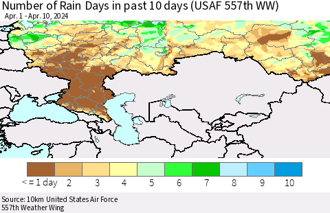 Russian Federation Number of Rain Days in past 10 days (USAF 557th WW) Thematic Map For 4/6/2024 - 4/10/2024