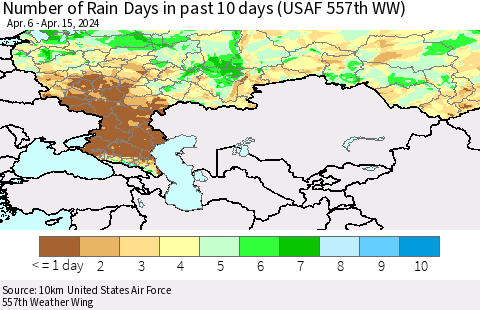 Russian Federation Number of Rain Days in past 10 days (USAF 557th WW) Thematic Map For 4/11/2024 - 4/15/2024