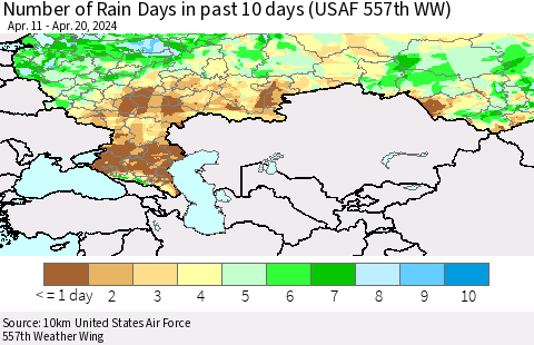 Russian Federation Number of Rain Days in past 10 days (USAF 557th WW) Thematic Map For 4/16/2024 - 4/20/2024