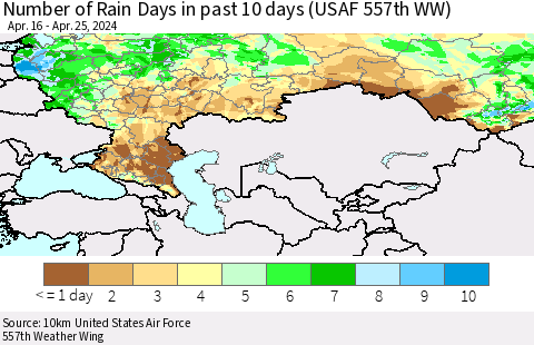 Russian Federation Number of Rain Days in past 10 days (USAF 557th WW) Thematic Map For 4/21/2024 - 4/25/2024