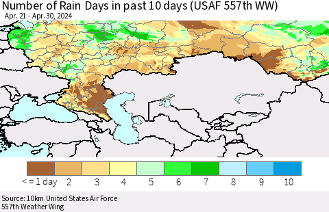 Russian Federation Number of Rain Days in past 10 days (USAF 557th WW) Thematic Map For 4/26/2024 - 4/30/2024