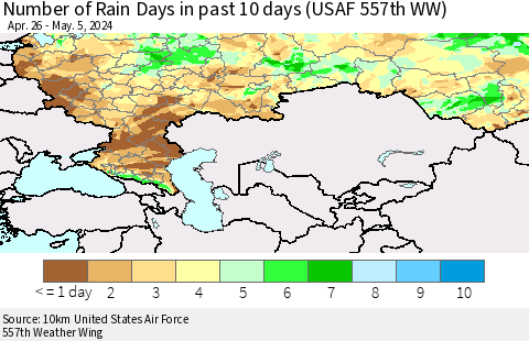 Russian Federation Number of Rain Days in past 10 days (USAF 557th WW) Thematic Map For 5/1/2024 - 5/5/2024