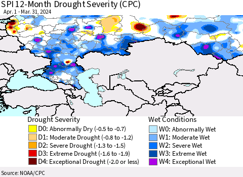 Russian Federation SPI 12-Month Drought Severity (CPC) Thematic Map For 4/1/2023 - 3/31/2024