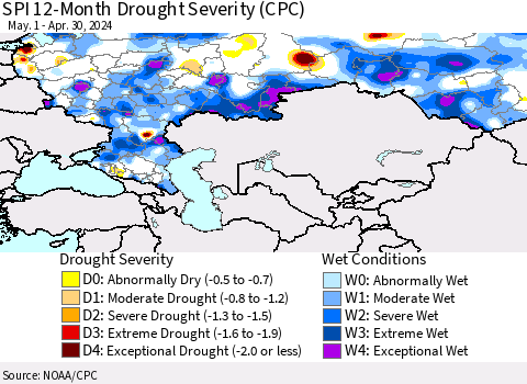 Russian Federation SPI 12-Month Drought Severity (CPC) Thematic Map For 5/1/2023 - 4/30/2024