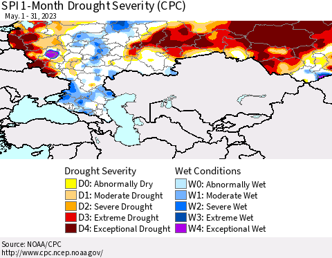 Russian Federation SPI 1-Month Drought Severity (CPC) Thematic Map For 5/1/2023 - 5/31/2023