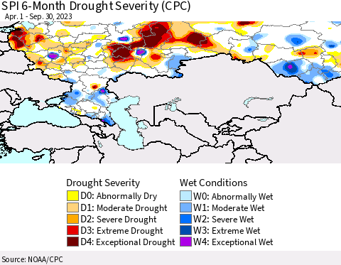 Russian Federation SPI 6-Month Drought Severity (CPC) Thematic Map For 4/1/2023 - 9/30/2023