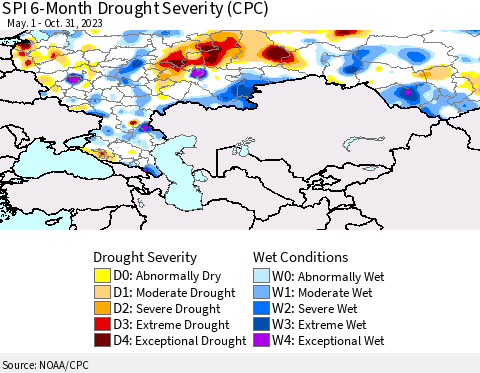 Russian Federation SPI 6-Month Drought Severity (CPC) Thematic Map For 5/1/2023 - 10/31/2023