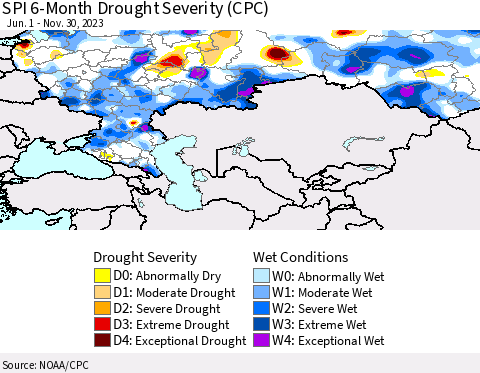 Russian Federation SPI 6-Month Drought Severity (CPC) Thematic Map For 6/1/2023 - 11/30/2023