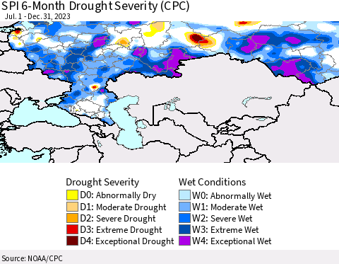 Russian Federation SPI 6-Month Drought Severity (CPC) Thematic Map For 7/1/2023 - 12/31/2023