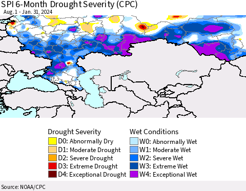 Russian Federation SPI 6-Month Drought Severity (CPC) Thematic Map For 8/1/2023 - 1/31/2024