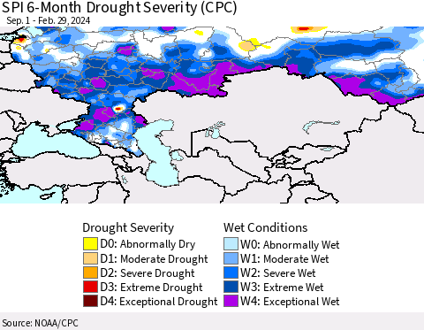 Russian Federation SPI 6-Month Drought Severity (CPC) Thematic Map For 9/1/2023 - 2/29/2024