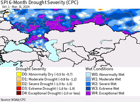 Russian Federation SPI 6-Month Drought Severity (CPC) Thematic Map For 10/1/2023 - 3/31/2024