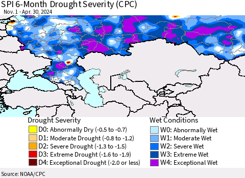 Russian Federation SPI 6-Month Drought Severity (CPC) Thematic Map For 11/1/2023 - 4/30/2024