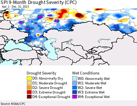 Russian Federation SPI 9-Month Drought Severity (CPC) Thematic Map For 4/1/2023 - 12/31/2023