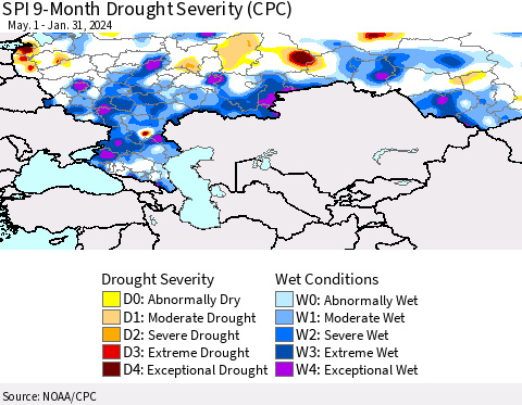 Russian Federation SPI 9-Month Drought Severity (CPC) Thematic Map For 5/1/2023 - 1/31/2024