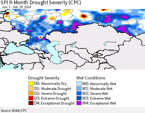 Russian Federation SPI 9-Month Drought Severity (CPC) Thematic Map For 6/1/2023 - 2/29/2024