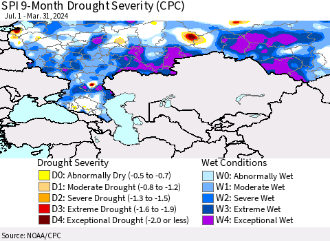 Russian Federation SPI 9-Month Drought Severity (CPC) Thematic Map For 7/1/2023 - 3/31/2024