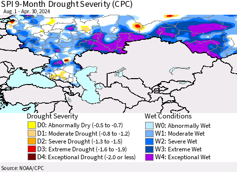 Russian Federation SPI 9-Month Drought Severity (CPC) Thematic Map For 8/1/2023 - 4/30/2024