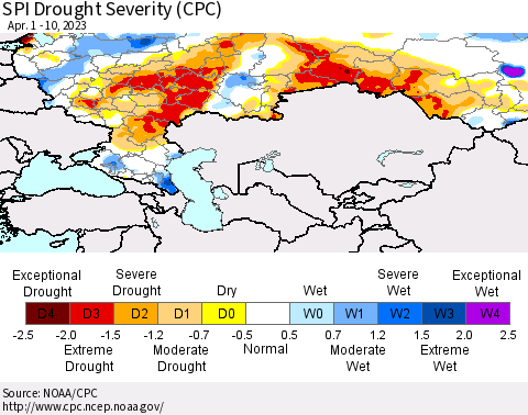 Russian Federation SPI Drought Severity (CPC) Thematic Map For 4/1/2023 - 4/10/2023